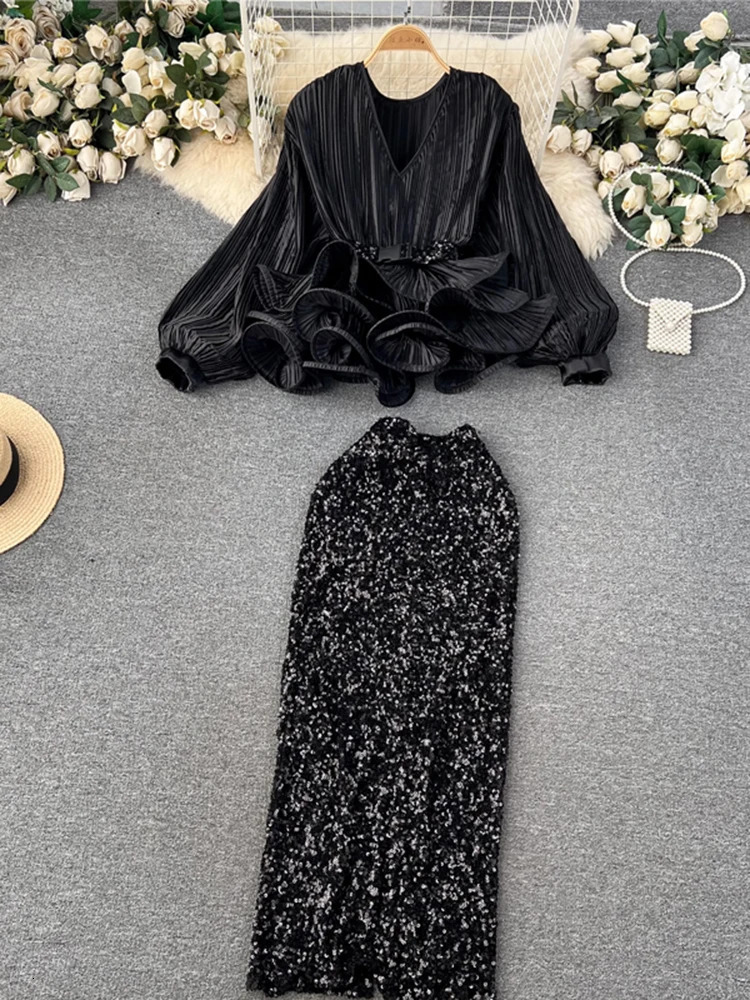 XFPV Women V-Neck Lantern Sleeve Ruffles Pleated Top Temperament High Waist A-line Skirt Two Piece Set Summer 2024 SM10901 241204