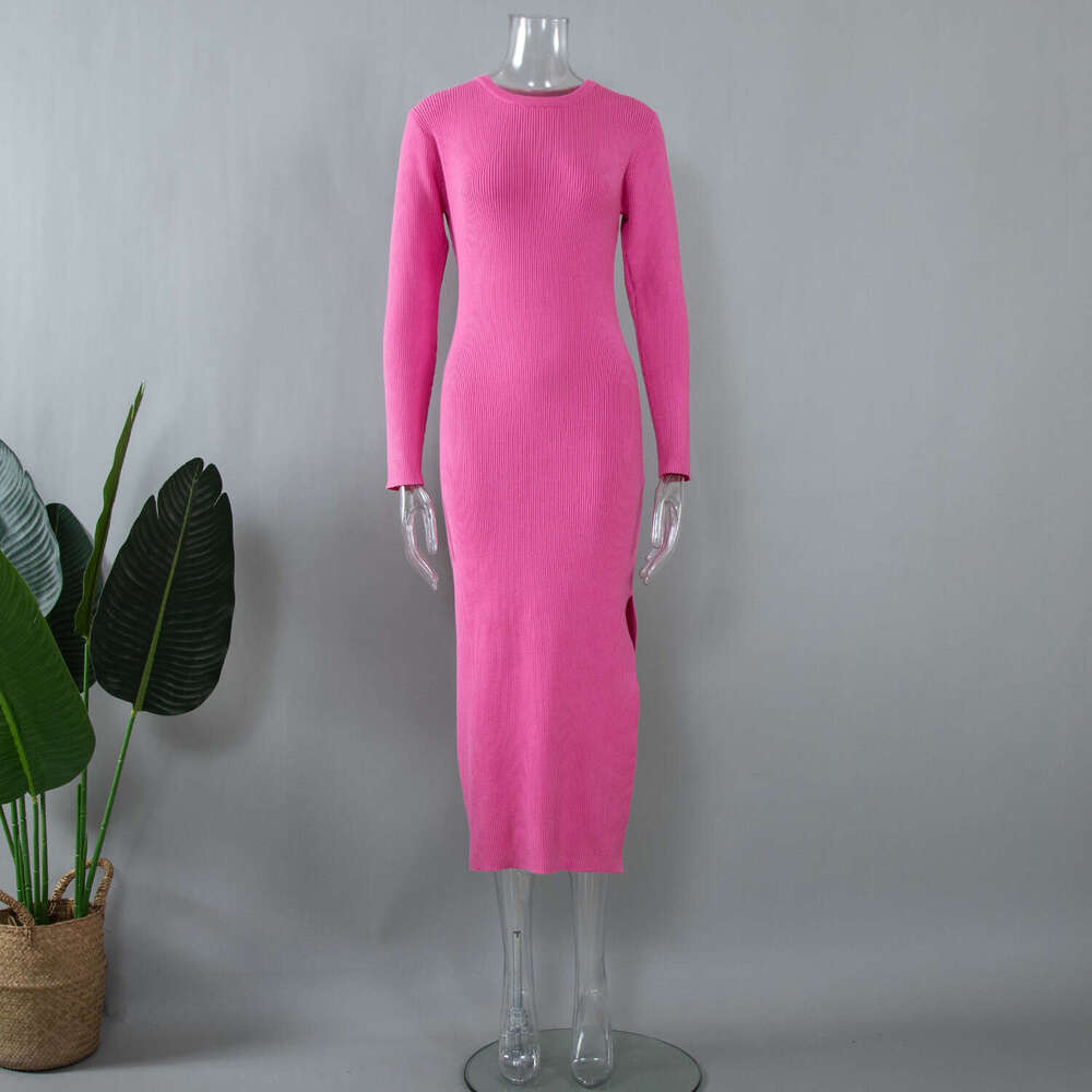Round neck slit knitted European American autumn and winter versatile solid color high waist tight dress, 2024 new style temperament chic elegant clot