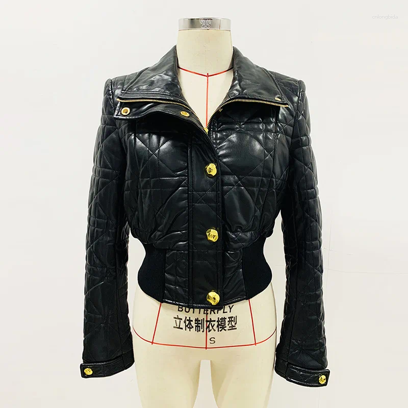 Womens Jackets Classic Gold Buttons Black Leather Jacket Women Motorcycle Lapel Long Sleeves In Outwears Ladies Slim Short Coats