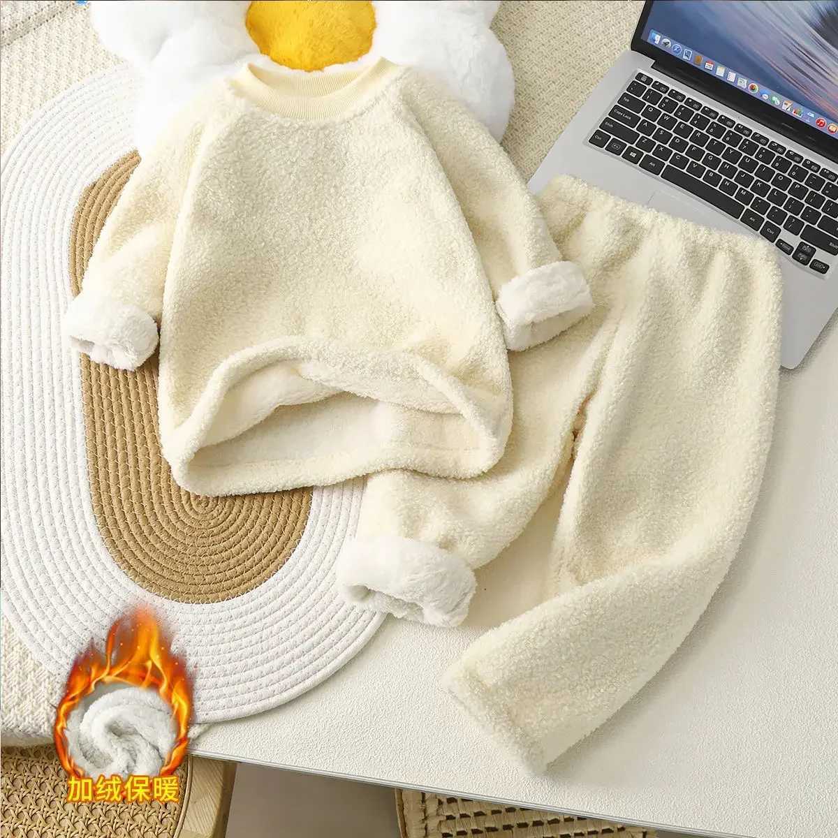 Pajamas New Baby Warmth Set Home Fur Childrens Double Fleece Winter Plush Thickened Lamb Velvet Pajamas for Boys Girls H241205