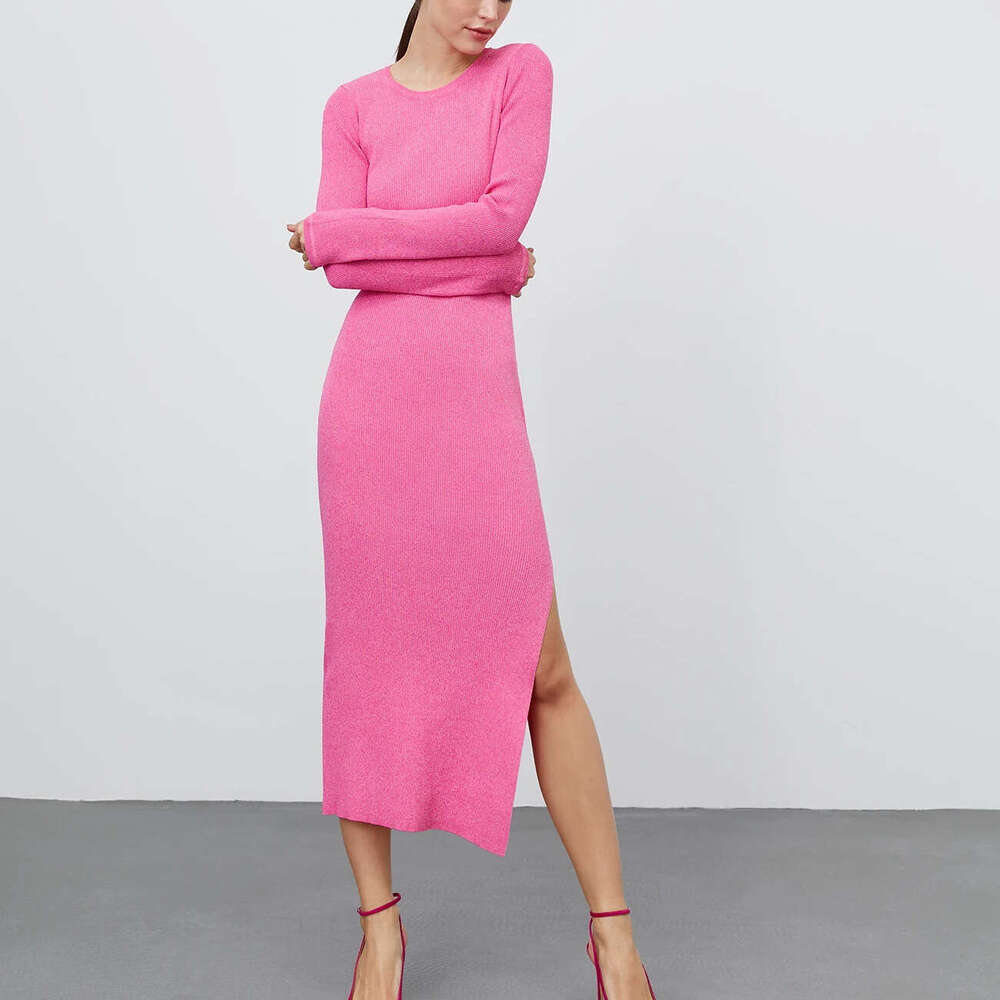 Round neck slit knitted European American autumn and winter versatile solid color high waist tight dress, 2024 new style temperament chic elegant clot