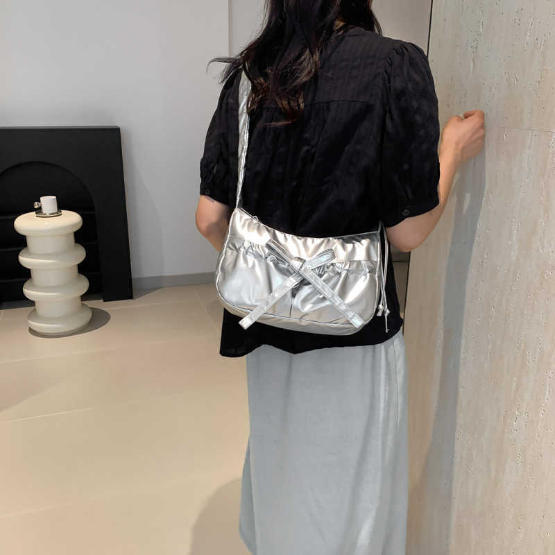 Korean Version New Bow Crossbody Bag Pleated Drawstring Single Shoulder Dumpling Bags Large Capacity Sweet Hobo Tote 241205