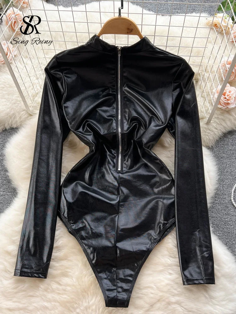 SINGREINY Autumn Drawstring PU Leather Sexy Rompers Women Zipper Open crotch Slim Bodysuits Fashion Corset Streetwear Playsuits 241205