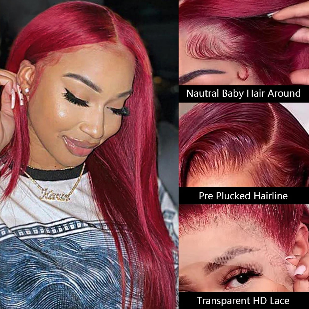 99J Bury 13X6 HD Frontal Colored Straight Red 13X4 Lace Front Human Hair Wigs 250% High Density Wig Sale