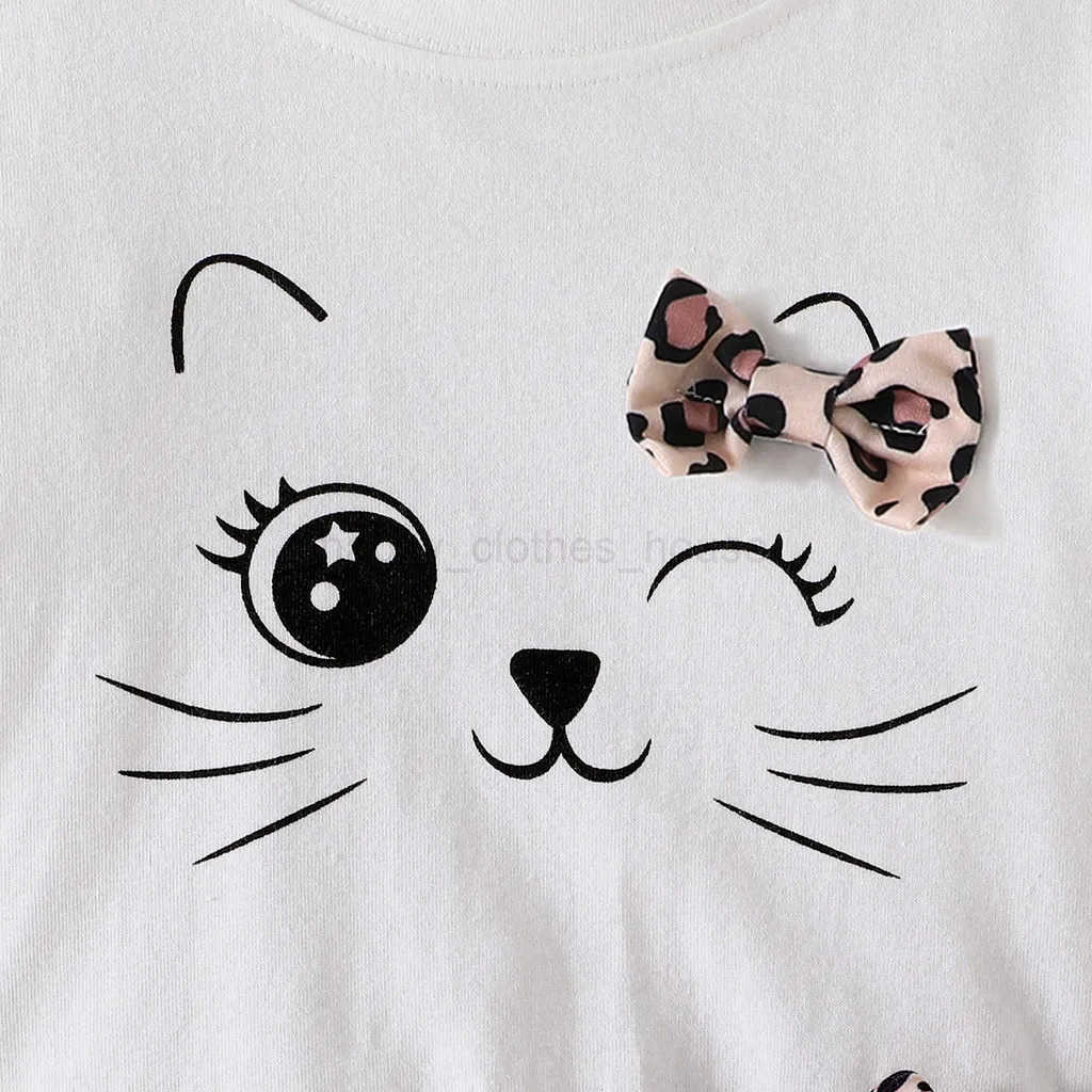 Kid Newborn Girl Cotton Cute Cat Long Sleeve tshirt and Leopard Print Pants Outfit Toddler Infant Clothing SetXJ241205