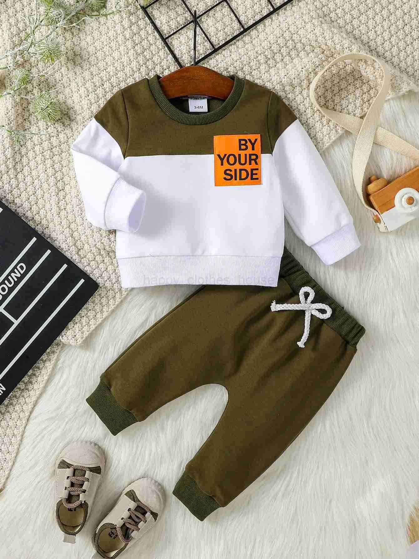 Baby Boys Long Sleeve Autumn Woven Lable Letter Sweatshirt +Pant For Cool Fashion Set 2PCSXJ241205
