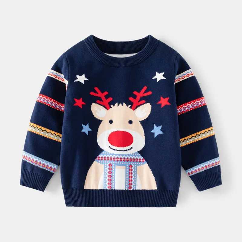 Winter Childrens Thick Sweater Boys and Girls Double Deer Jacquard Knitted Sweater Red Christmas Decorative Sweater W241205