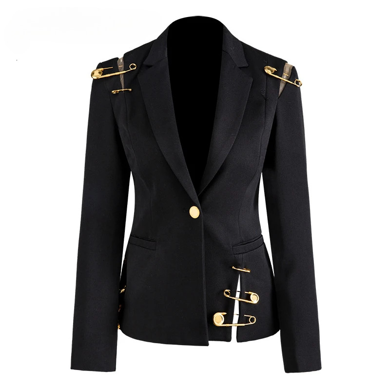 Loose Fit Black Hollow Out Pin Spliced Jacket Blazer New Lapel Long Sleeve Women Coat Fashion Autumn Winter