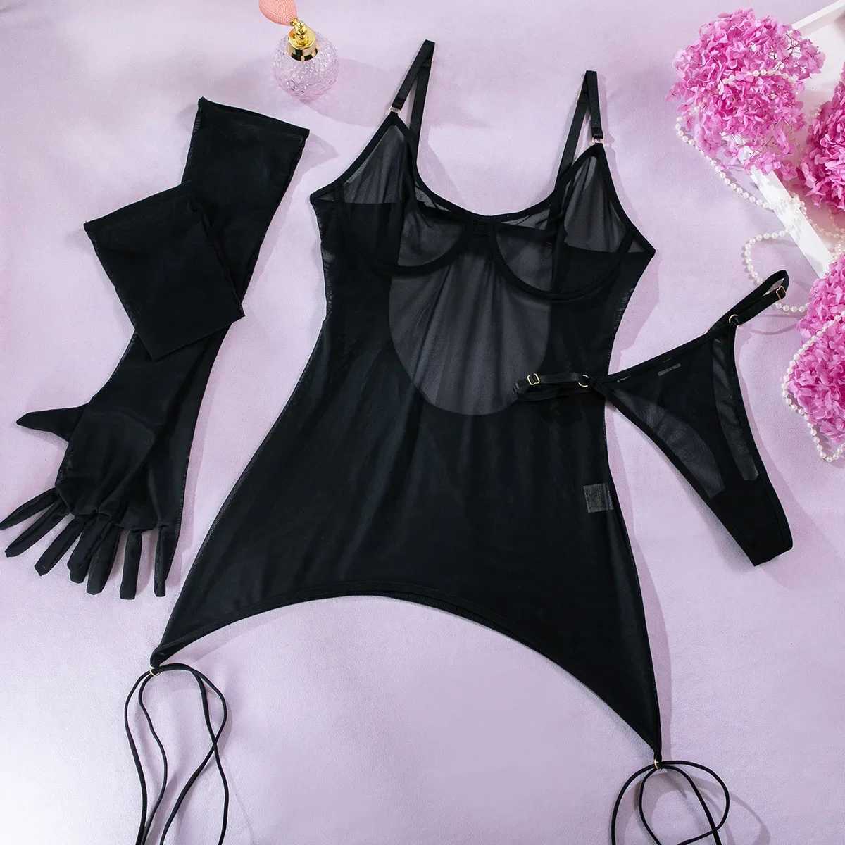 Sexy Solid Mesh Open Back Perspective Bodysuit with Rope Gloves Three Piece Set for Women See Though Fun Lingerie Intimates SuitXJ241205