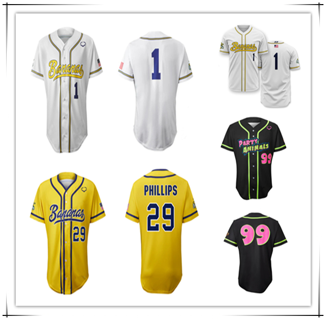 Savannah Bananas Baseball Jersey Alex Ziegler Jared Donalson DR Meadows Bill LeRoy Jackson Olson DJ the Invader Dalton Mauldin Eric Jones Andy Archer Kyle Luigs Cox