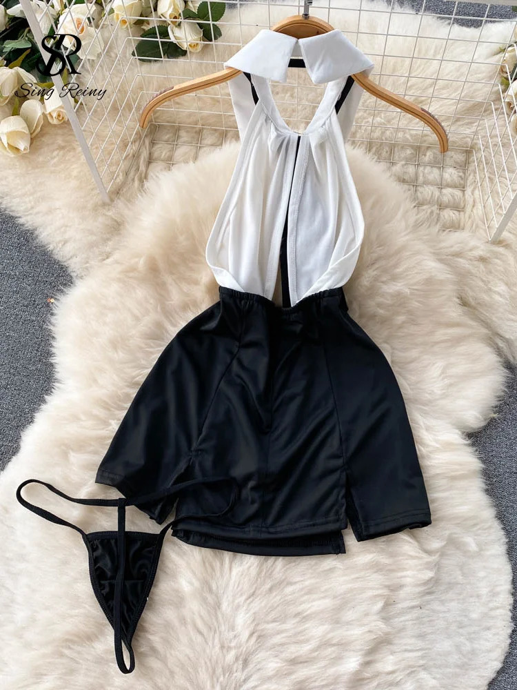 SINGREINY Halter Backless A-line Erotic Night Dress Women Porno Uniform Tie Sleeveless Short Bodycon Sexy Pajamas Dress 241205