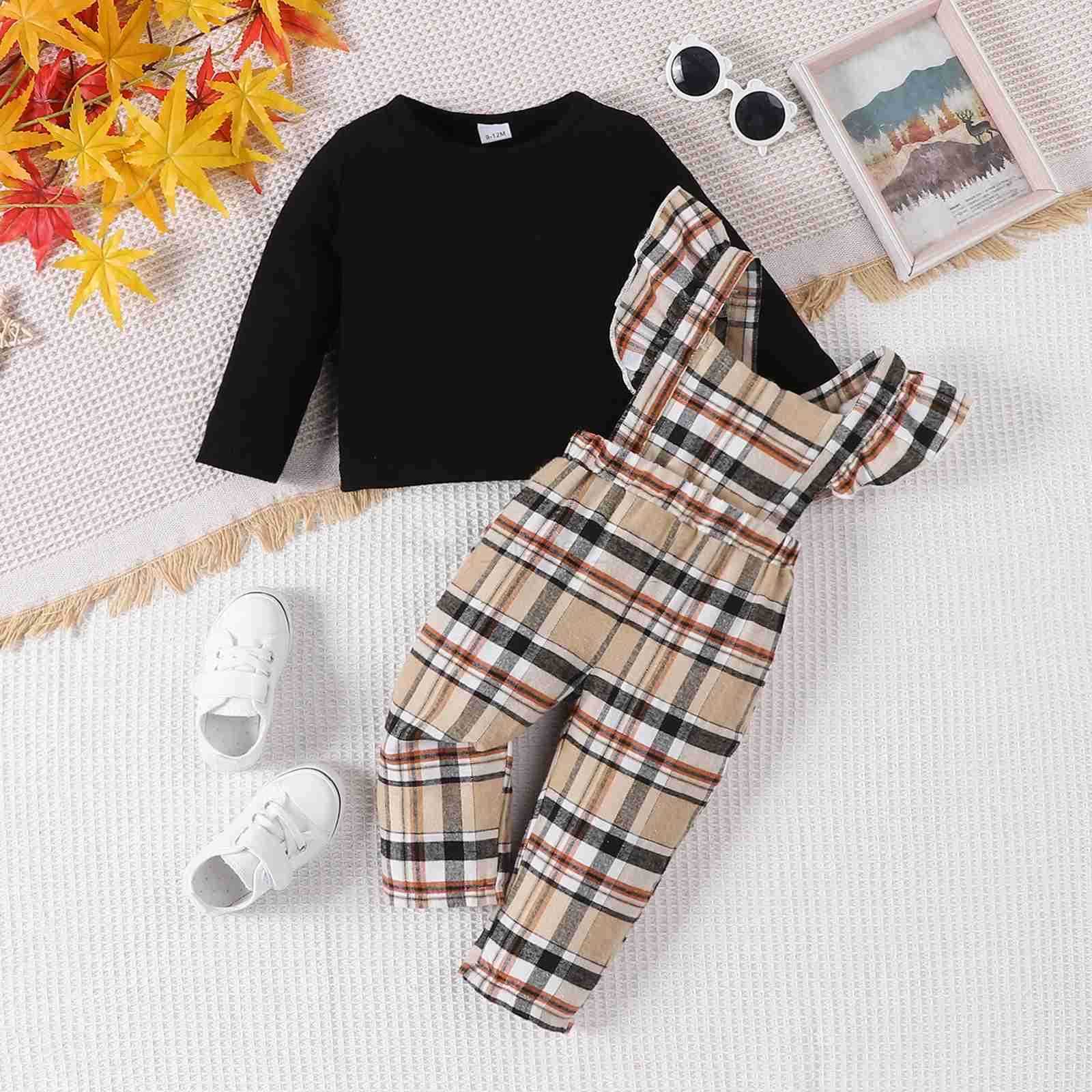 2Pcs Set 2023 Fashion Baby Girls Pure Black Long Sleeve T-shirt Casual Overalls Pants Infant Newborn Spring Autumn OutfitXJ241205