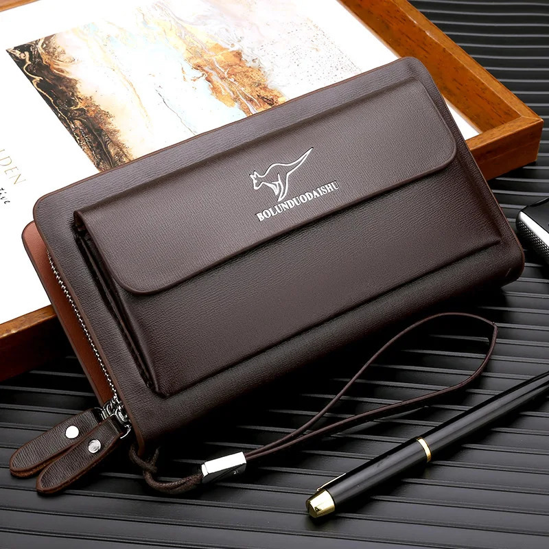 KANGAROO Men Clutch Bag Fashion Leather Long Purse Double Zipper Business Wallet Black Brown Male Casual Handy 241204