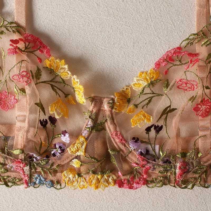 Floral Embroidery Lingerie Set Women Sheer 2-Piece Boho Bra + Panty Underwear Set IntimatesXJ241205