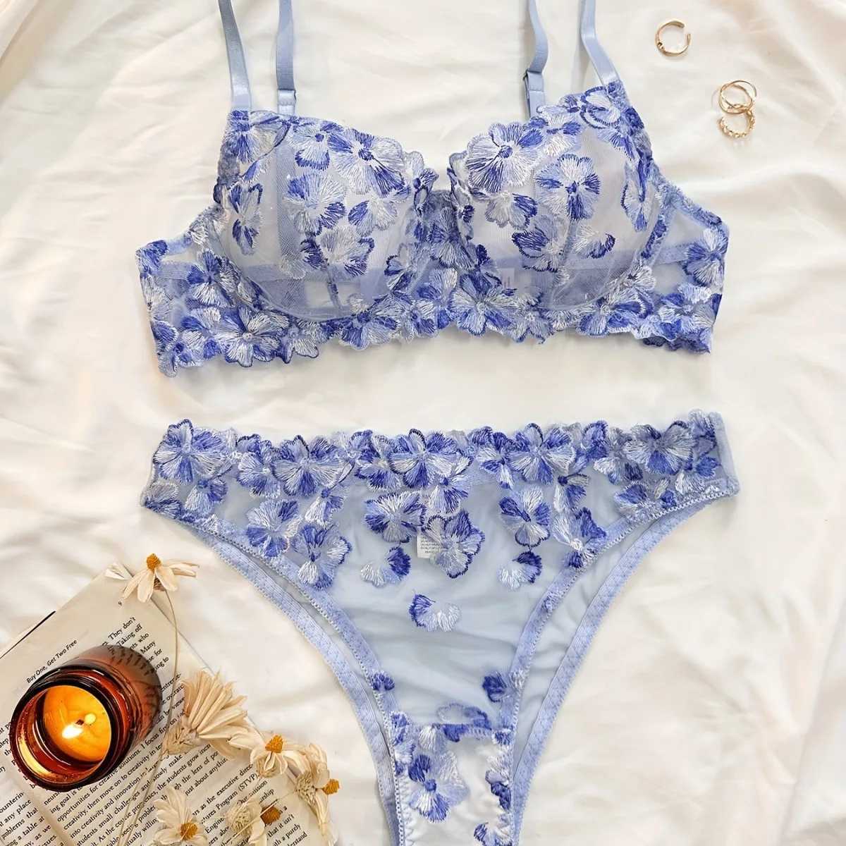 Autumn Winter French Embroidery Perspective Lingerie Set Sexy Womens Sweet Multicolor Girl Feeling See Though UnderwearXJ241205