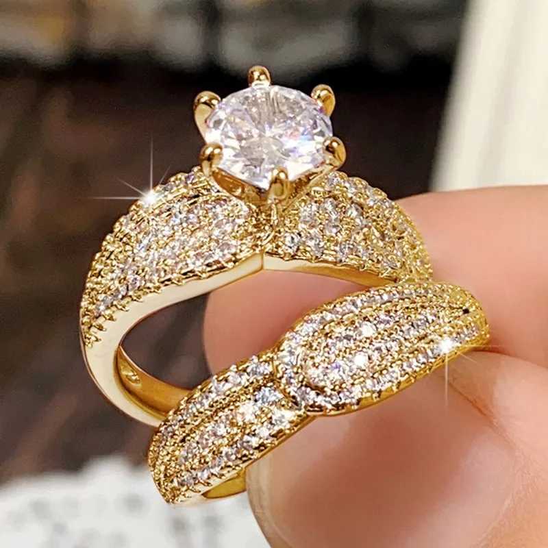 Huitan Classic Luxury 2Pcs Set Ring Womens Gold/Silver Double Wear Womens Finger Ring Wedding Ring Jewelry Hot W241205
