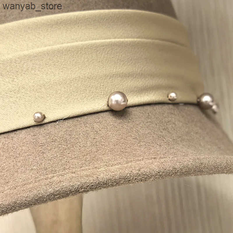 Cloches Fashion Slope Brim Felt Womens Hat Winter Wool Cloche Hat Ribbon with Pearl Bowling Hat Bucket with Bow Accent Church Party Hat L240910