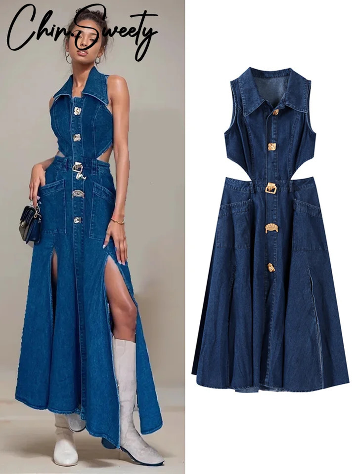 Sexy Denim Hollow Out Dress Women Sleeveless Turndown Collar Side Split Long Dresses Female 2024 Summer Lady Robe 241204