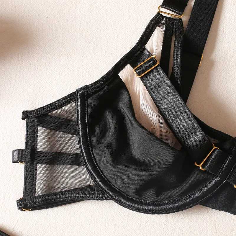 Bra + Panties + Garter +Thigh CircumferenceBlack Red Hollow Out Transparent Sexy Women Underwear Sets Push Up Lingerie SuitsXJ241205