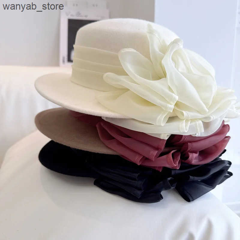 Cloches Womens wool Fedora winter womens Felt Cloche hat big bow French style blower womens party wedding derby church hat L240910