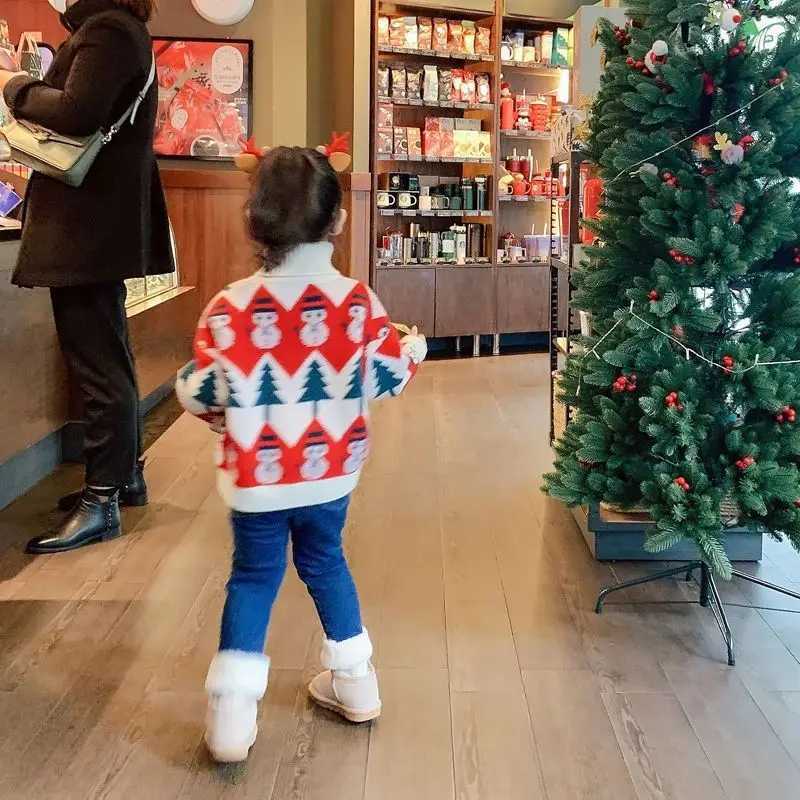 Winter Comfortable and Warm Velvet Knitted Christmas Snowman Christmas Hat Baby Girl Sweater High Collar Childrens Top W241205