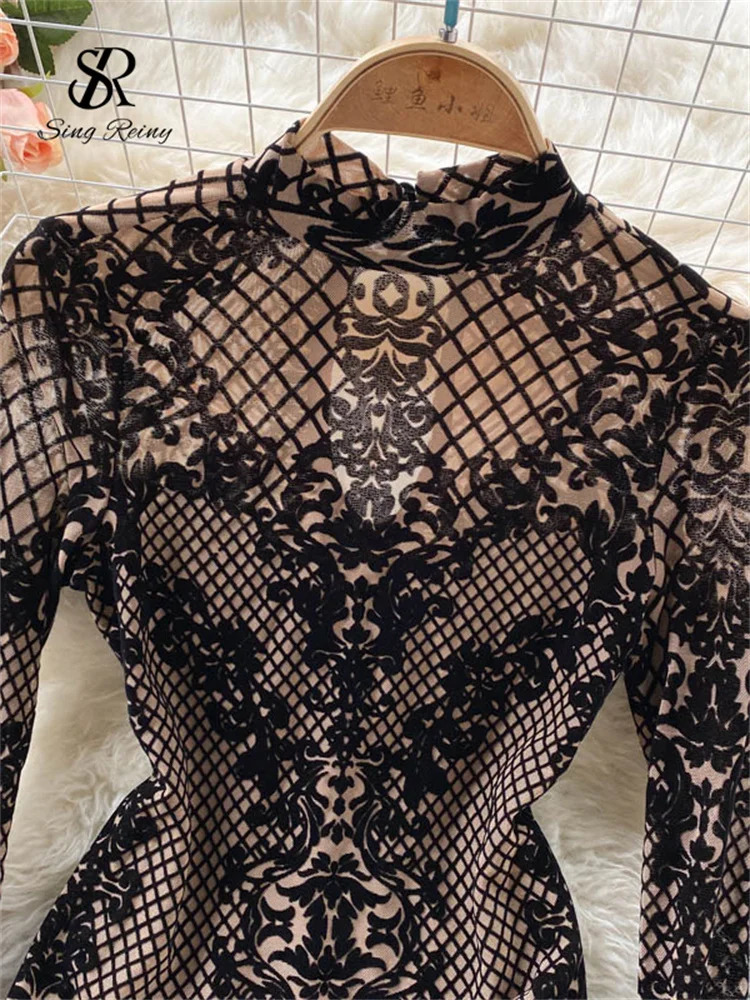 SINGREINY Fashion Summer Velvet Slim Playsuits Long Sleeves Vintage Bodycon Rompers Streetwear Y2K Ins Chic Mesh Sexy Bodysuits 241205