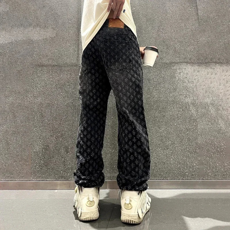 Jacquard Pattern Denim Pants Male Straight Fitting Baggy Bottoms Distressed Wide Jeans For Men 241204