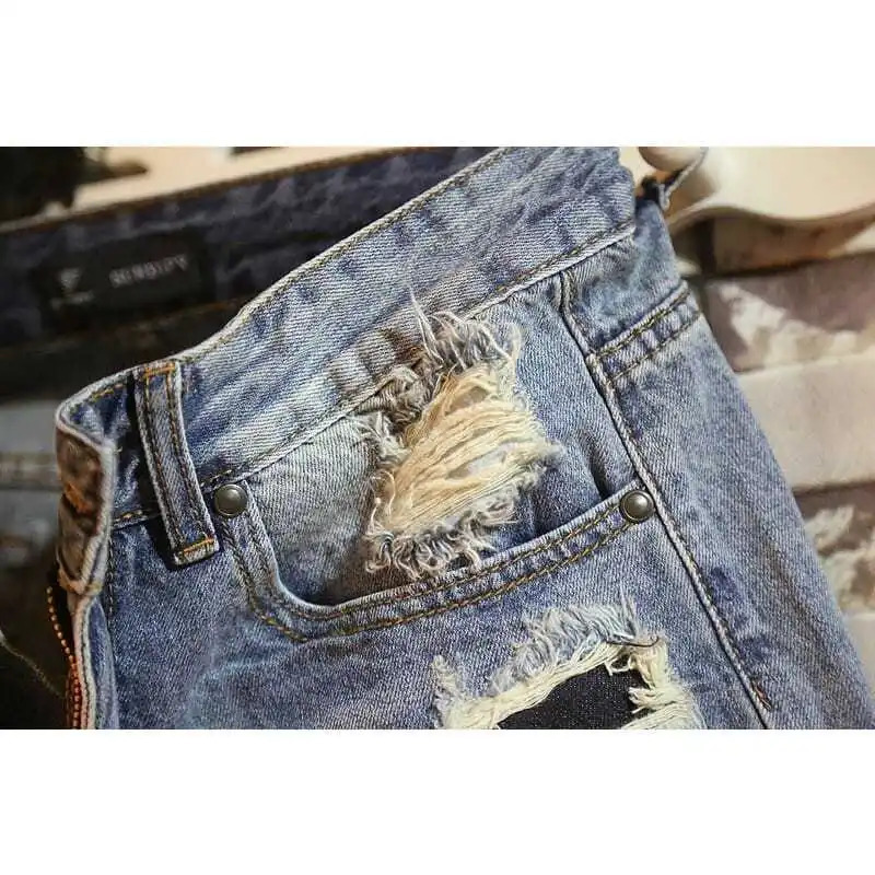 Mens Summer Jeans Fashion Streetwear Cowboy Patch Hole Mens Five Short Jeans Knee-length Casual Denim Shorts 241205
