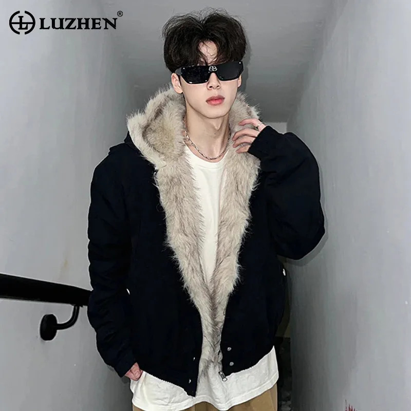LUZHEN casual edition hooded padded jacket fashionable unisex niche solid color faux fur splicing high-quality Parkas men LZ8027 241202