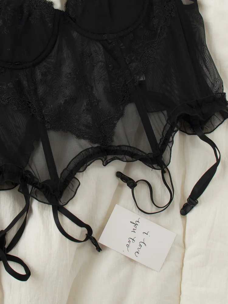 French Sexy Lingerie Embroidered Lace Corset Tops See Through Bra and Panty Set Underwear Pure Desire with Steel Rings BraletteXJ241205