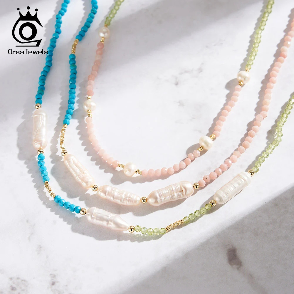 Orsa JEWELS 14K gold natural stone bead necklace Baroque pearl 925 pure silver stone necklace lobster clasp 241205