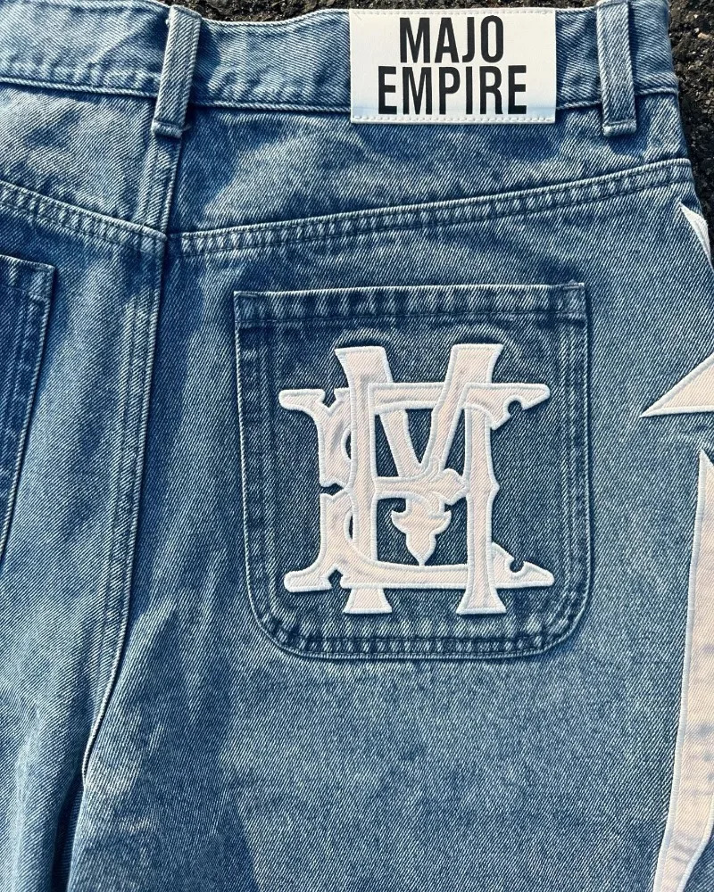 American fashion trend Street style wide-leg Jeans for men Y2k embroidered baggy jeans Goth punk High street casual shorts 241204