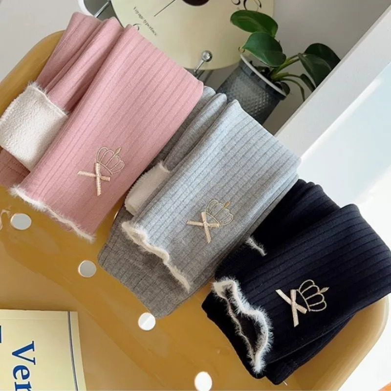 Baby Girl Princess Bow Thick Leggings Infant Toddle Child Crown Pattern Pant Fleece Inside Warm Autumn Winter Baby Clothes 1-10Y 241204