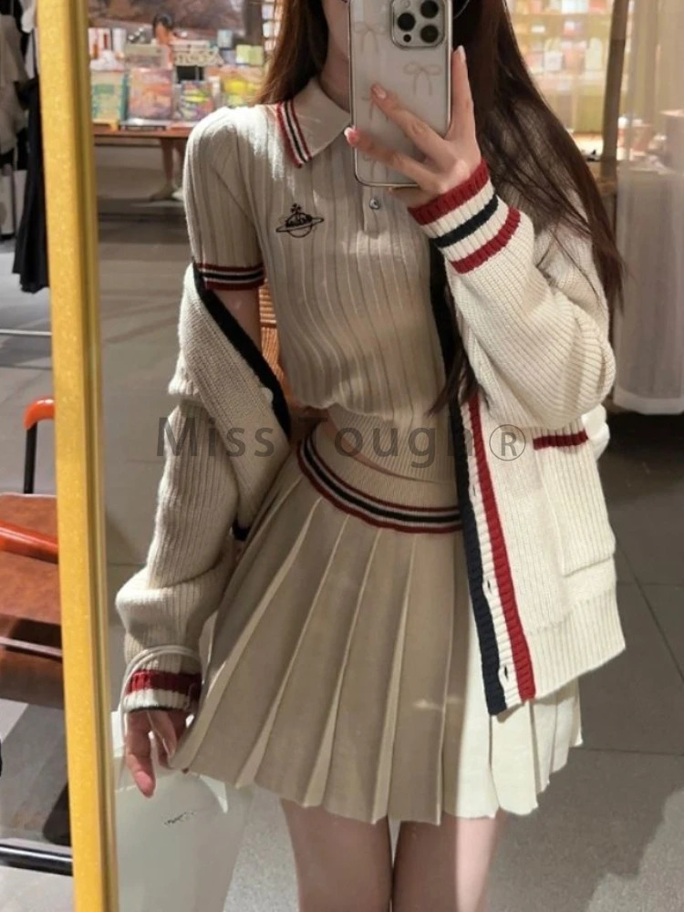 Preppy Style Sweet Two Piecec Suit Vintage Knit Cardigan Short Sleeve Sweater Mini Skirt Winter Y2k Pleated Sets 2024 241205
