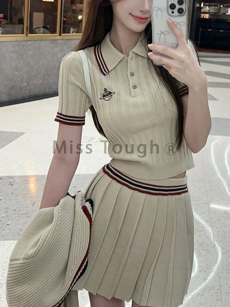 Preppy Style Sweet Two Piecec Suit Vintage Knit Cardigan Short Sleeve Sweater Mini Skirt Winter Y2k Pleated Sets 2024 241205