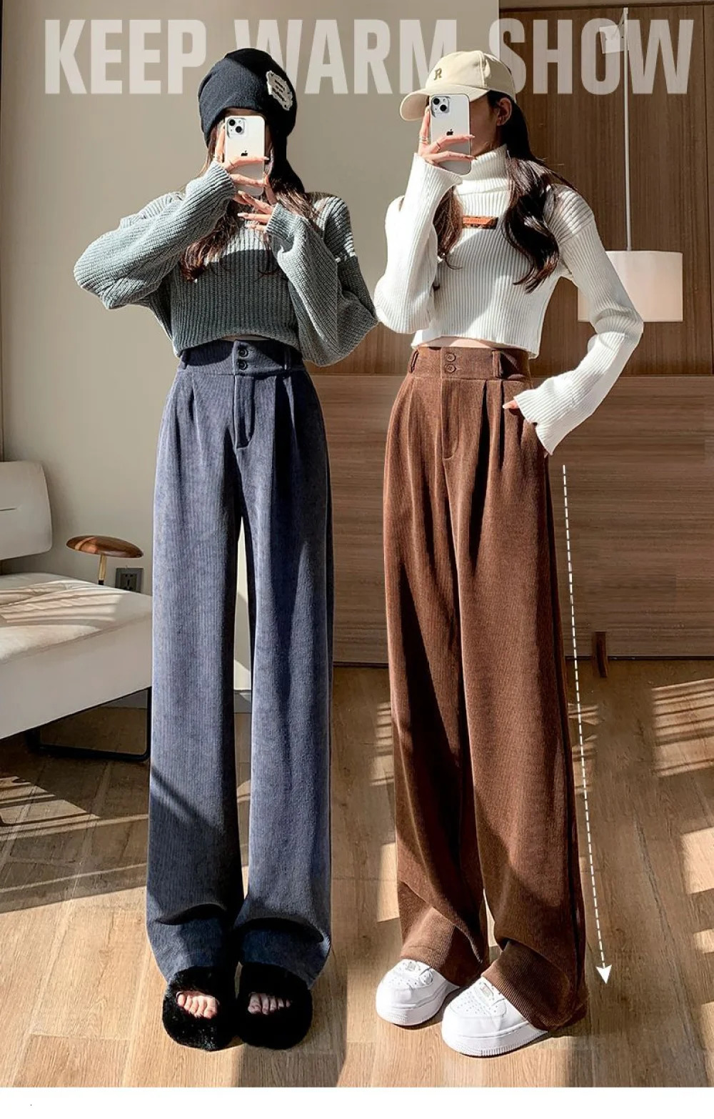 Ins Trendy Women Korean High Street Wide Leg Trouser Autumn/Winter Thick Warm Womens Pants Fashion Corduroy Loose Button Trouser 241202