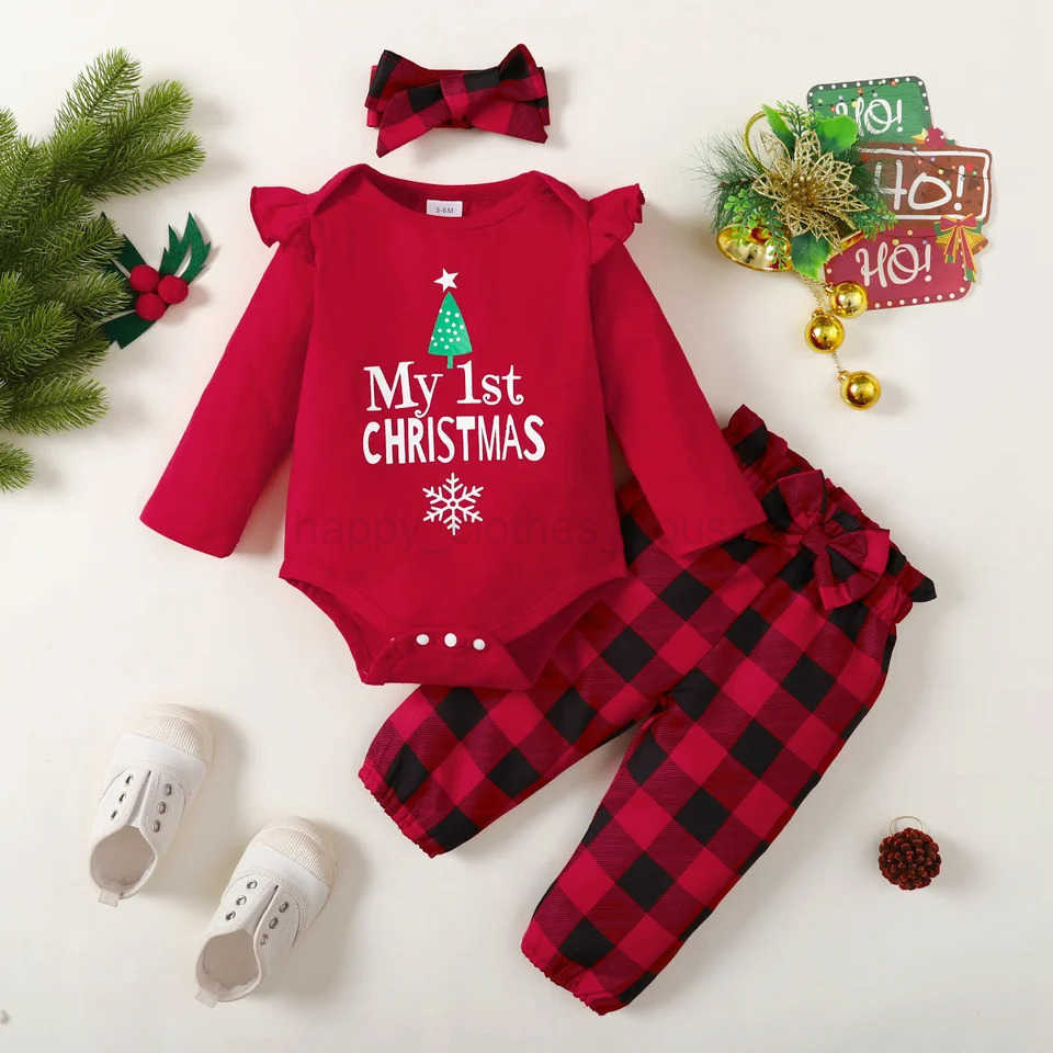 Newborn Infant Baby Girls Clothes Cotton Sets Long Sleeve Romper Pant Hats Fashion Printed 3Pcs Outfit For Christmas DayXJ241205