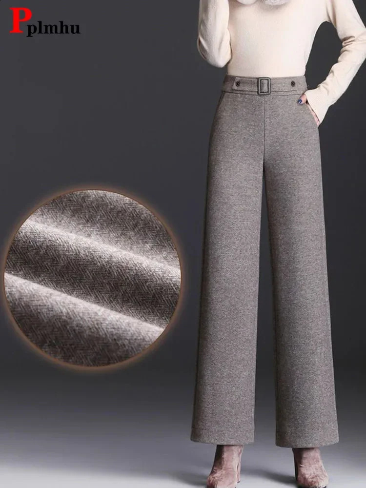 Thicken Wool Blended Straight Pantalones Woolen Wide Leg Pants Elegant Fashion Baggy High Waist Warm Pantalon Fall Winter 241205