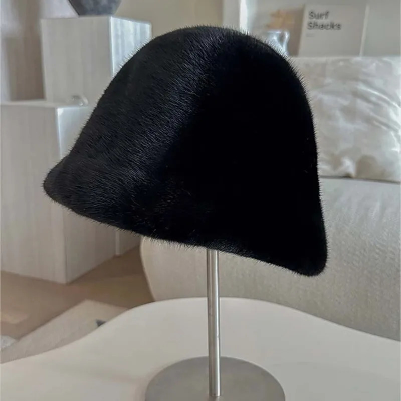 Customized winter mink fisherman thick hat for women warm and fluffy bucket hat 241205
