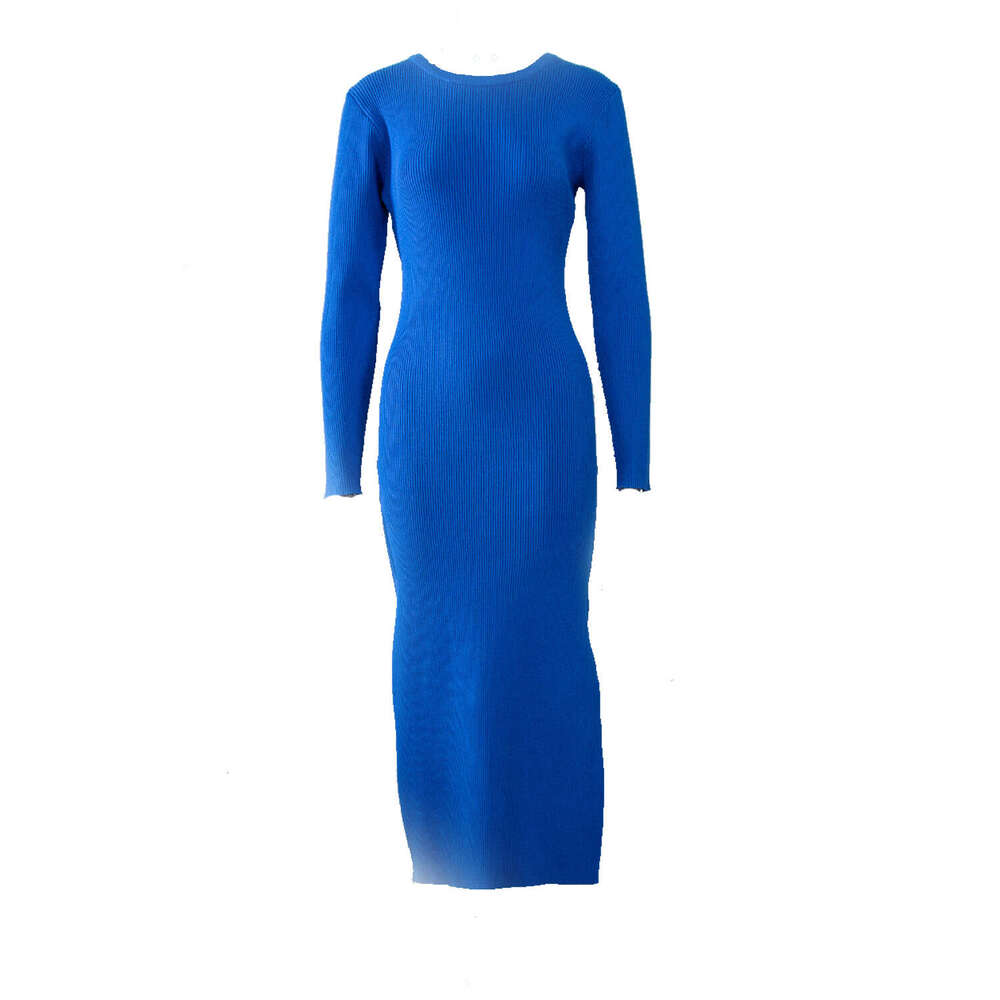 Round neck slit knitted European American autumn and winter versatile solid color high waist tight dress, 2024 new style temperament chic elegant clot