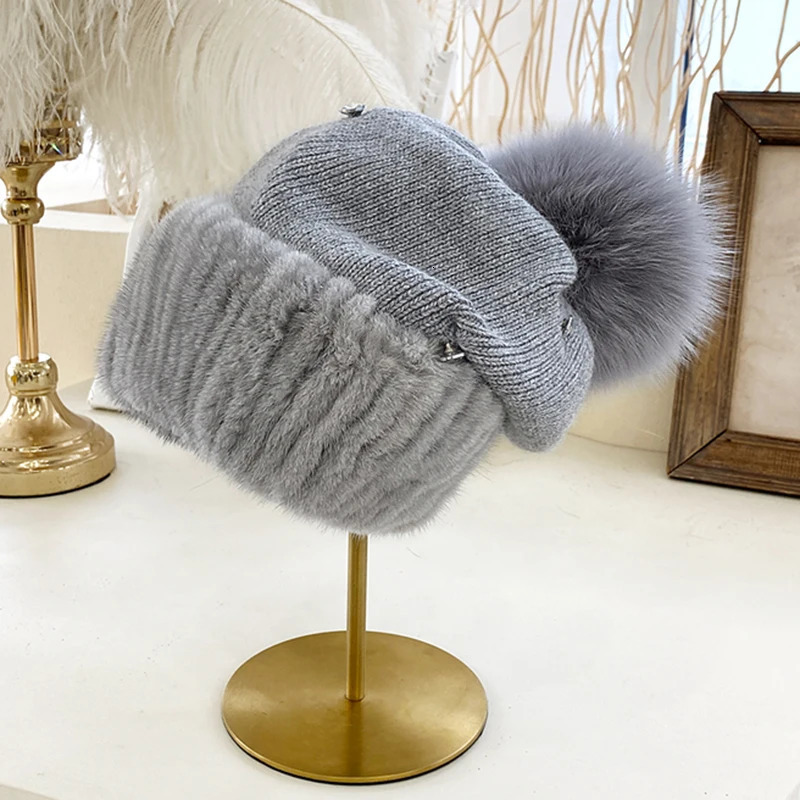 selling winter hats natural mink fur womens knitted hats fox fur fluffy real fur hats warm womens mink fur hats 241205