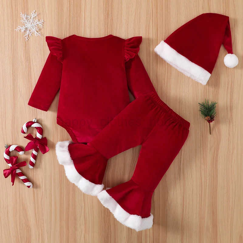 Infant Baby Girl Christmas Romper Set Long Sleeve Round Neck Ruffled Letters Print Jumpsuit + Flare Pants + HatXJ241205