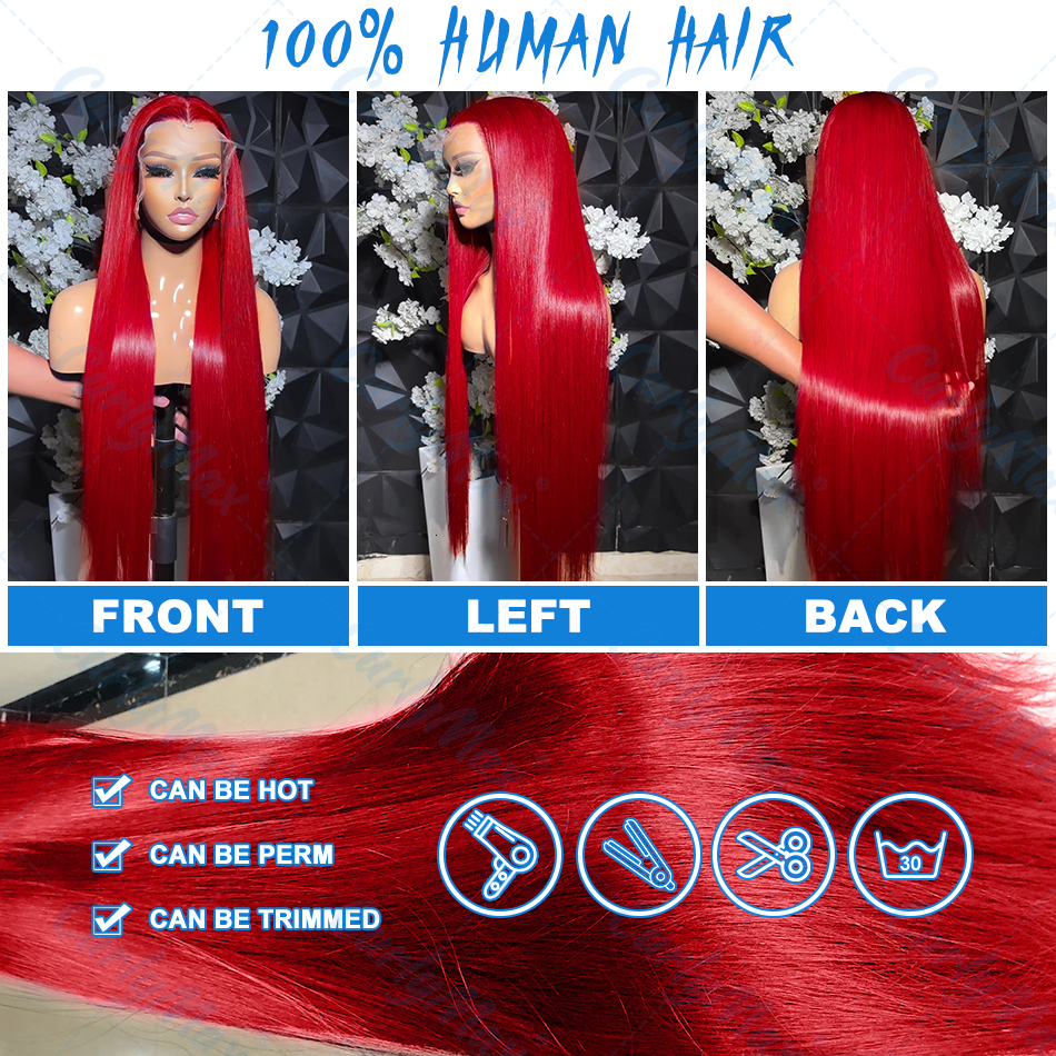 Luvin 250 Density 13X4 Hot Red Bone Straight Front Wig Colored 13X6 Transparent Lace Frontal Human Hair Wigs