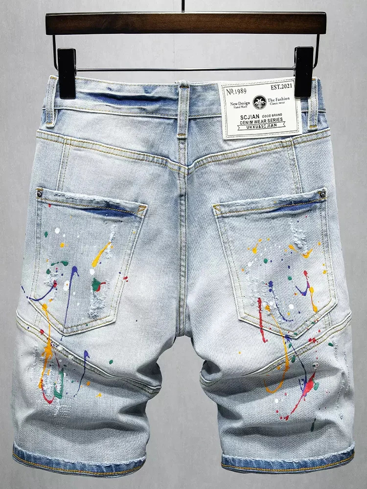 Summer Fashion Men Jeans Retro Light Blue Elastic Stretch Ripped Short Jeans Painted Spliced Hip Hop Denim Shorts Men 241205