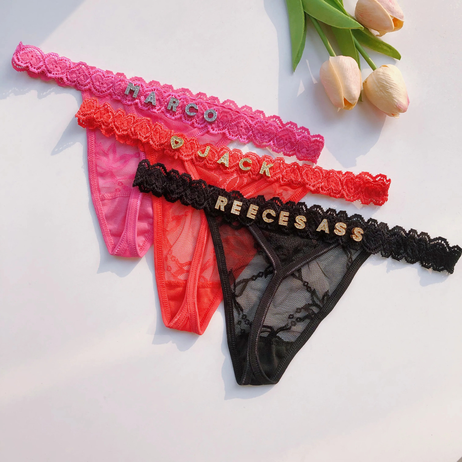 Custom Thong Name Shiny Letter Lace Panties tanga Sexy Personalized G-String Bikini Jewelry Girlfriend Wife Valentines Gift 241205