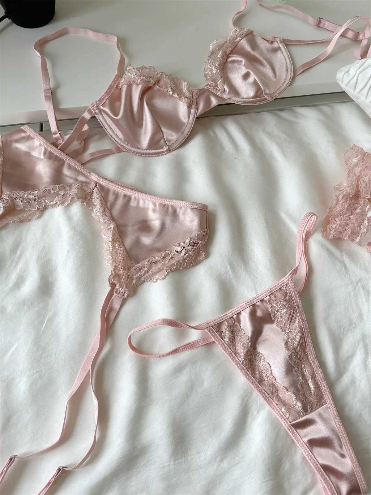 Satin mesh lingerie ultra-thin women large breast underwear sexy lace adjustment bra set pink female braletteXJ241205