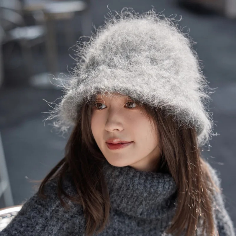 womens winter alpaca fur bucket hat fluffy solid color Versatile basin hat plush warm fisherman hat fur Panama sun hat 241205