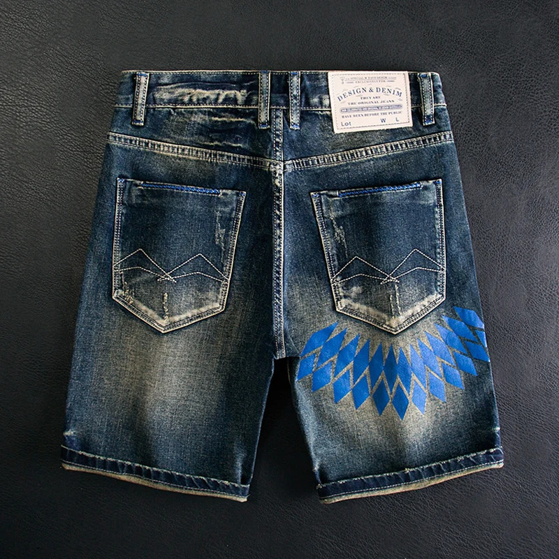 Summer Vintage Fashion Men Jeans Retro Washed Blue Stretch Slim Fit Ripped Short Jeans Printed Hip Hop Denim Shorts Men 241205
