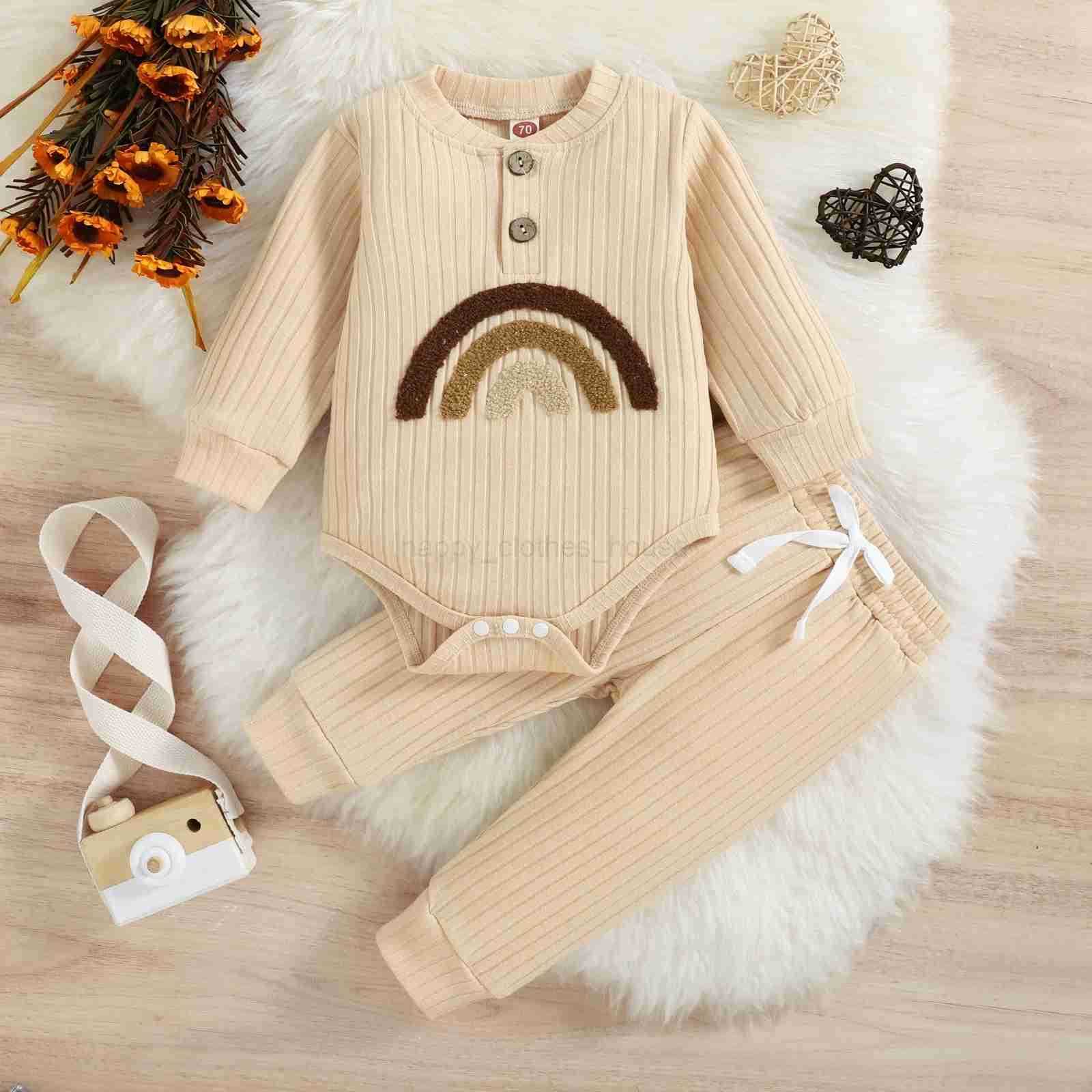 2PCS Autumn Boys And Babies Aged 0-2 Two-Color Towel Embroidery Rainbow Long-Sleeved Suit + Solid Color Pants SetXJ241205