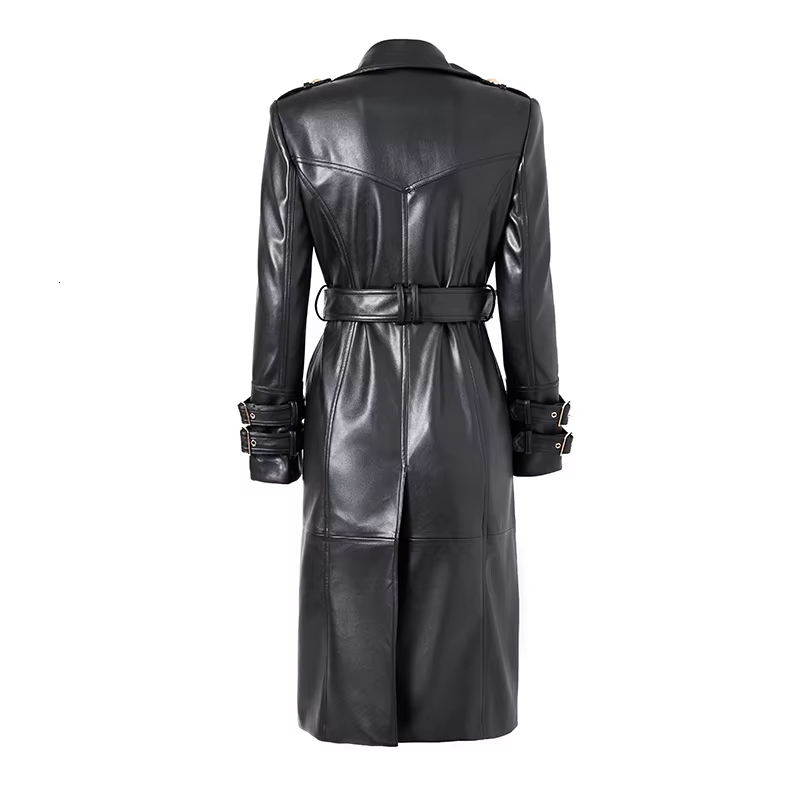 New Winter Design Double Breasted Black PU Leather Long Coats For Ladies Quality Street Women Trench With Belt